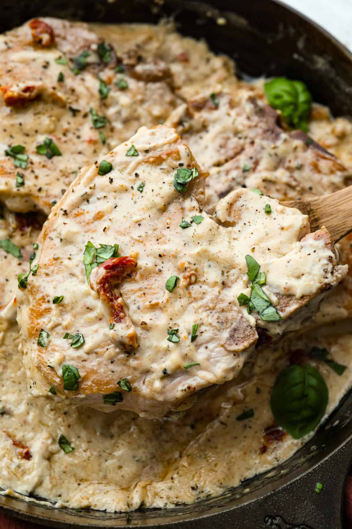 Close up of cooked and read to eat, marry me pork chops. 