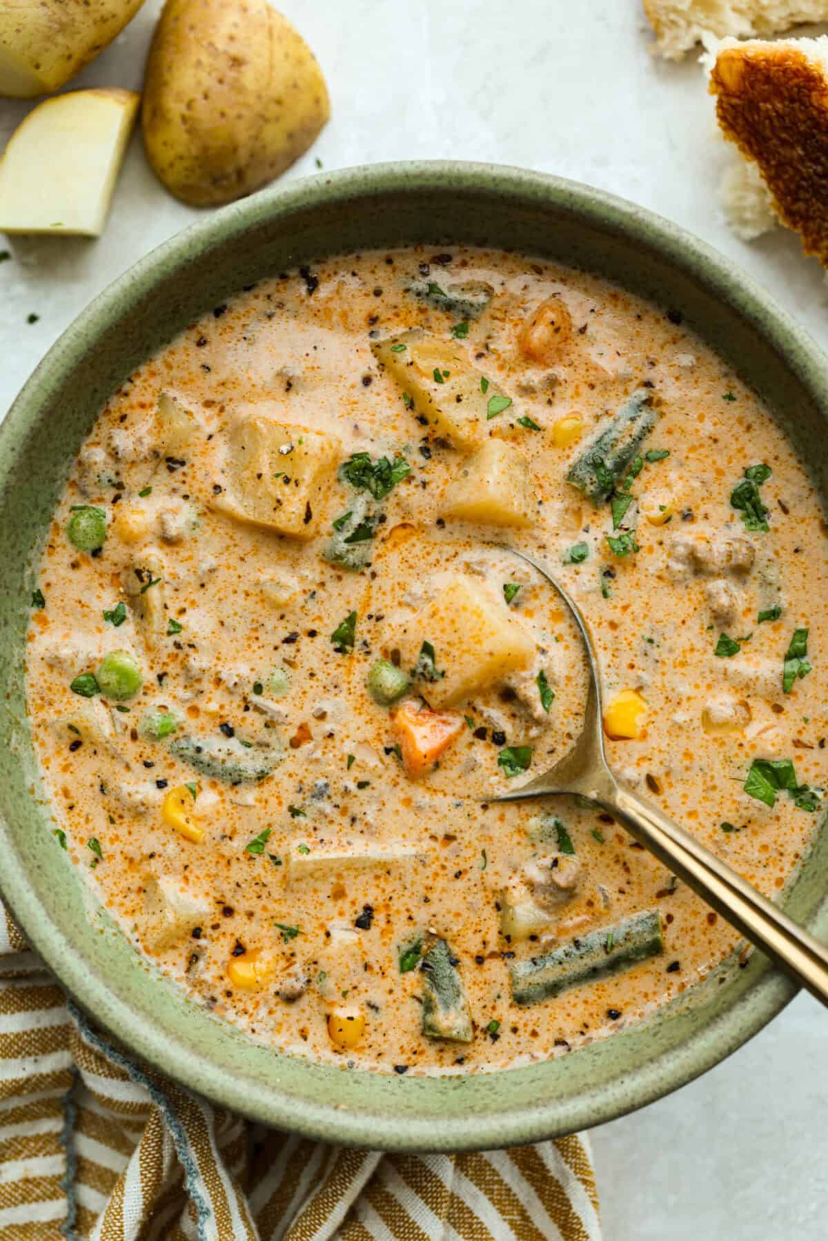 Serving sized bowl of Shepherd's pie soup.