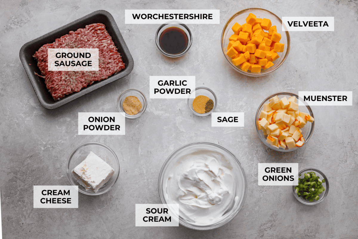 Overhead shot of labeled ingredients. 