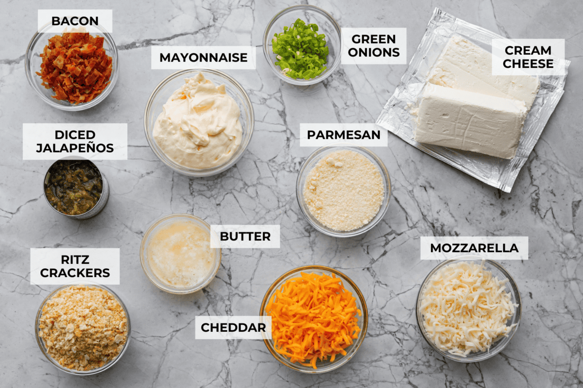 Overhead shot of labeled jalapeño popper dip ingredients. 