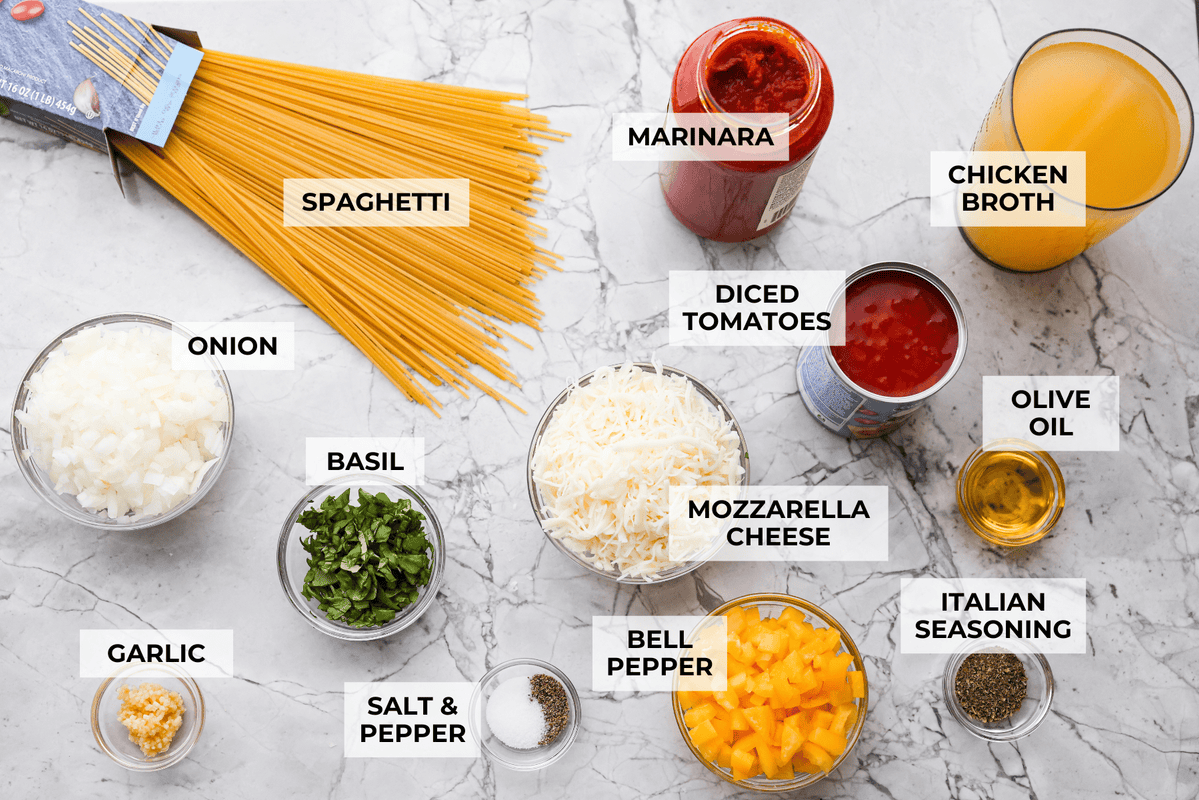 Overhead shot of labeled no boil spaghetti bake ingredients. 