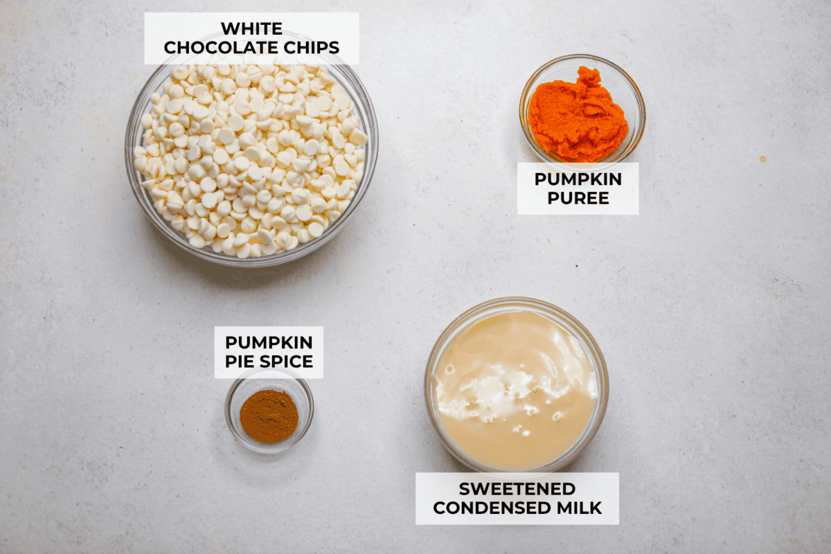 4-ingredient pumpkin fudge is the perfect treat when I want something sweet with a pumpkin-spice vibe. Four simple ingredients and a few minutes of prep make this creamy fall favorite. Overhead shot of labeled ingredients.