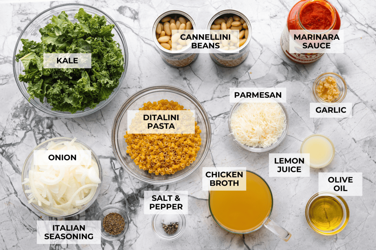 I had to try Stanley Tucci’s pasta fagioli, and his shortcut is so smart! He uses marinara sauce to add tons of flavor without a long list of ingredients. Add creamy beans, tender pasta, kale, and Parmesan, and you have a cozy dinner in just 35 minutes. Overhead shot of labeled Stanley Tucci pasta fagioli ingredients.