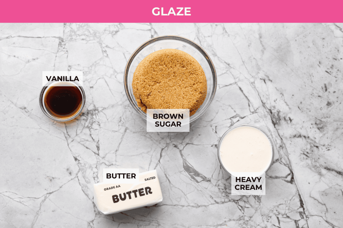 If you love cozy apple desserts, this apple dapple cake is going to be your new fall favorite. It’s packed with fresh apples and warm cinnamon, topped with a buttery caramel glaze that sinks right into the cake. Overhead shot of labeled glaze ingredients.