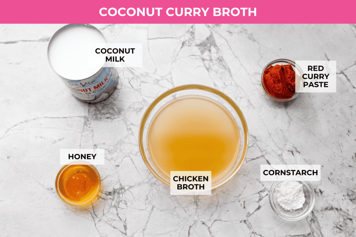I kept seeing beef broth bowls all over social media, so of course I had to make my own! This easy version has savory ground beef, warm rice, crunchy veggies, and a creamy coconut curry broth. Overhead shot of labeled coconut curry broth ingredients.