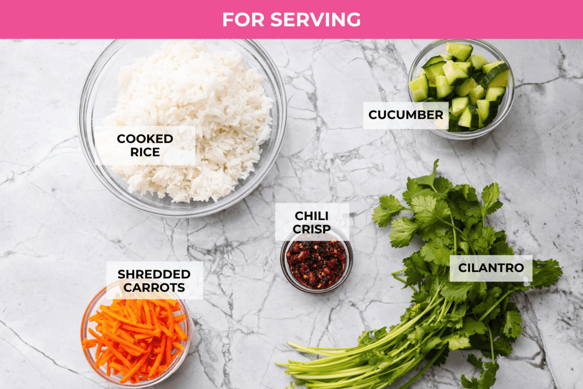 I kept seeing beef broth bowls all over social media, so of course I had to make my own! This easy version has savory ground beef, warm rice, crunchy veggies, and a creamy coconut curry broth. Overhead shot of labeled ingredients you serve with beef broth bowls.
