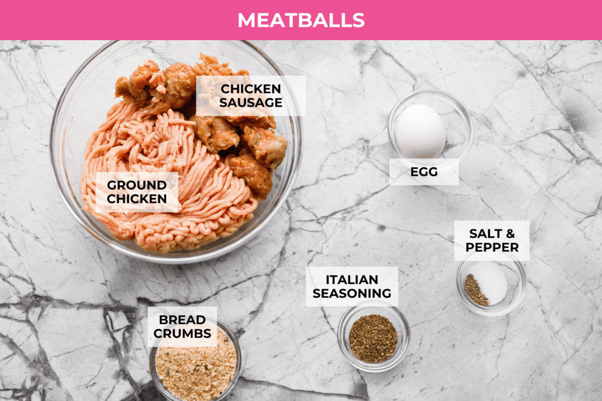 There’s a lot to love about Italian wedding soup! Tender chicken meatballs, vegetables, tiny pasta, and spinach come together in a savory broth for a simple meal that’s hearty, flavorful, and easy to make. Overhead shot of labeled meatball ingredients.