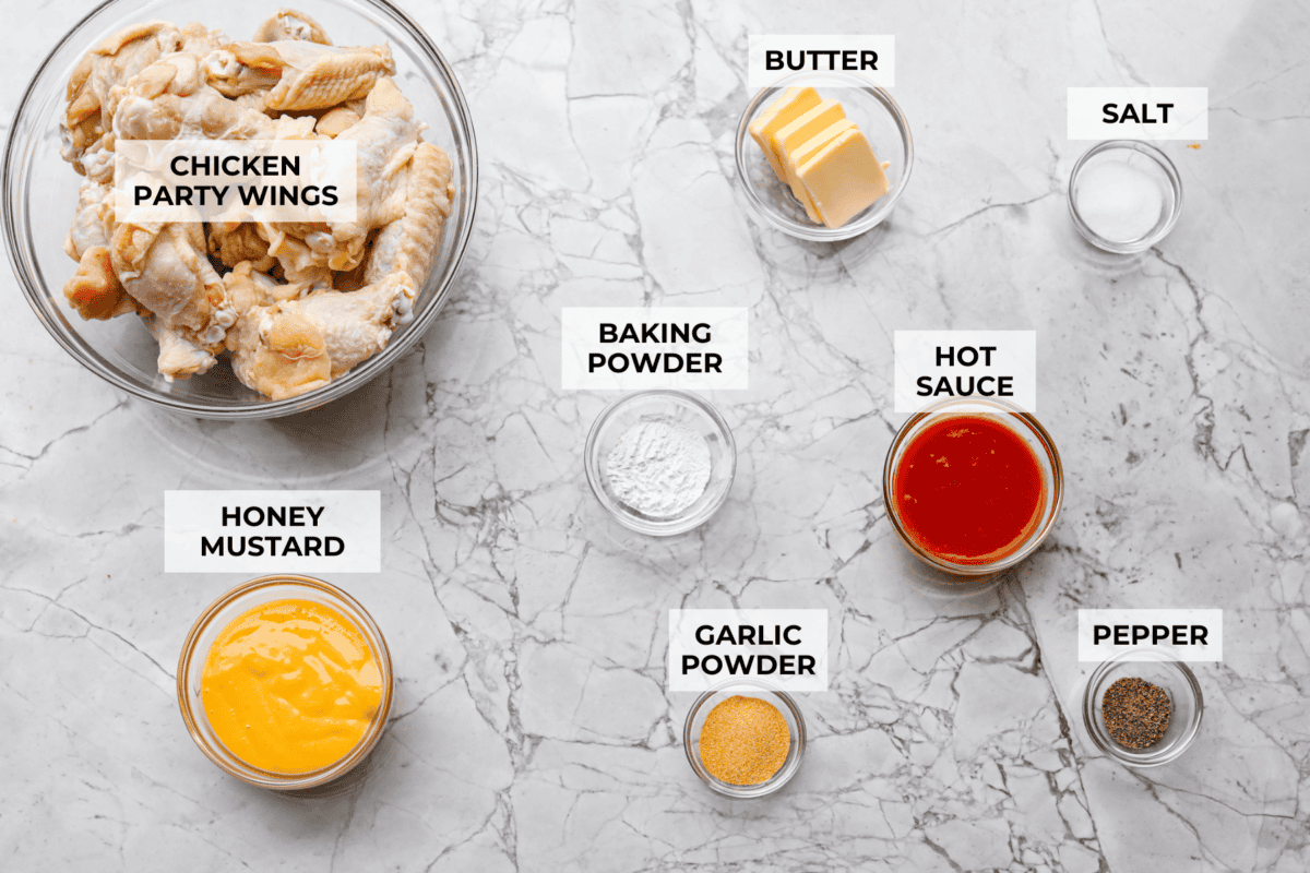 Overhead shot of labeled ingredients. 
