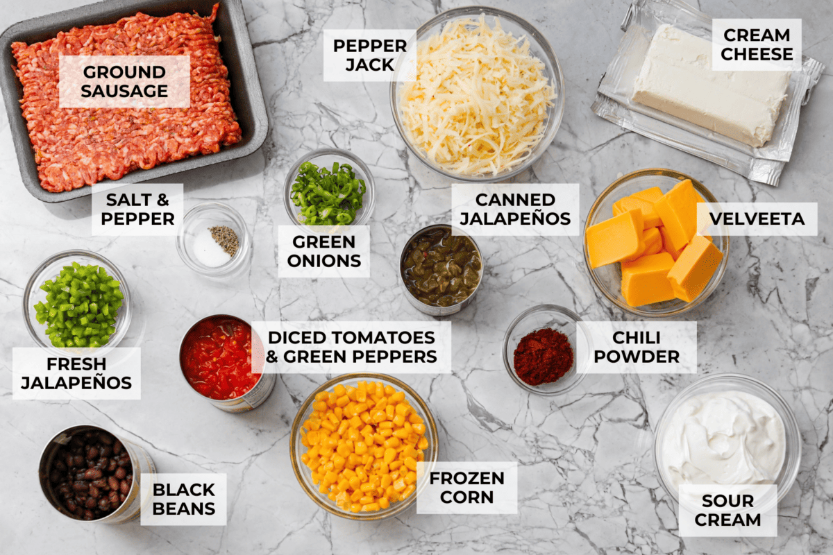 My hot cowboy dip is what I'm bringing to the next game day party! It's loaded with savory sausage, gooey cheese, and a little kick from the jalapeños. Everything comes together in one skillet, so there's less cleanup and more time to dig in! Overhead shot of labeled hot cowboy dip ingredients.