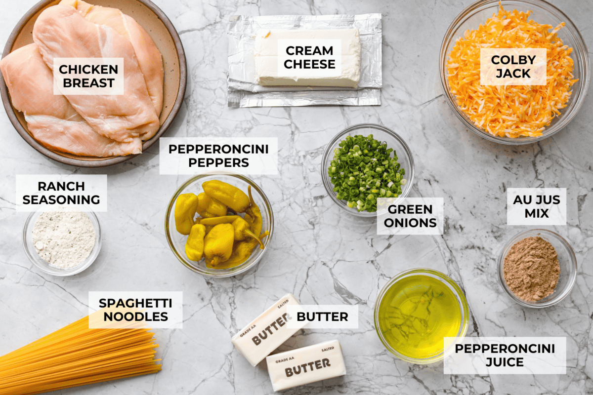 Overhead shot of labeled Mississippi chicken spaghetti ingredients.