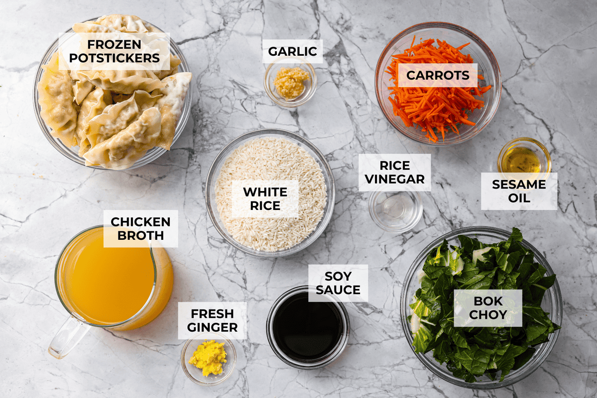 Overhead shot of labeled ingredients. 