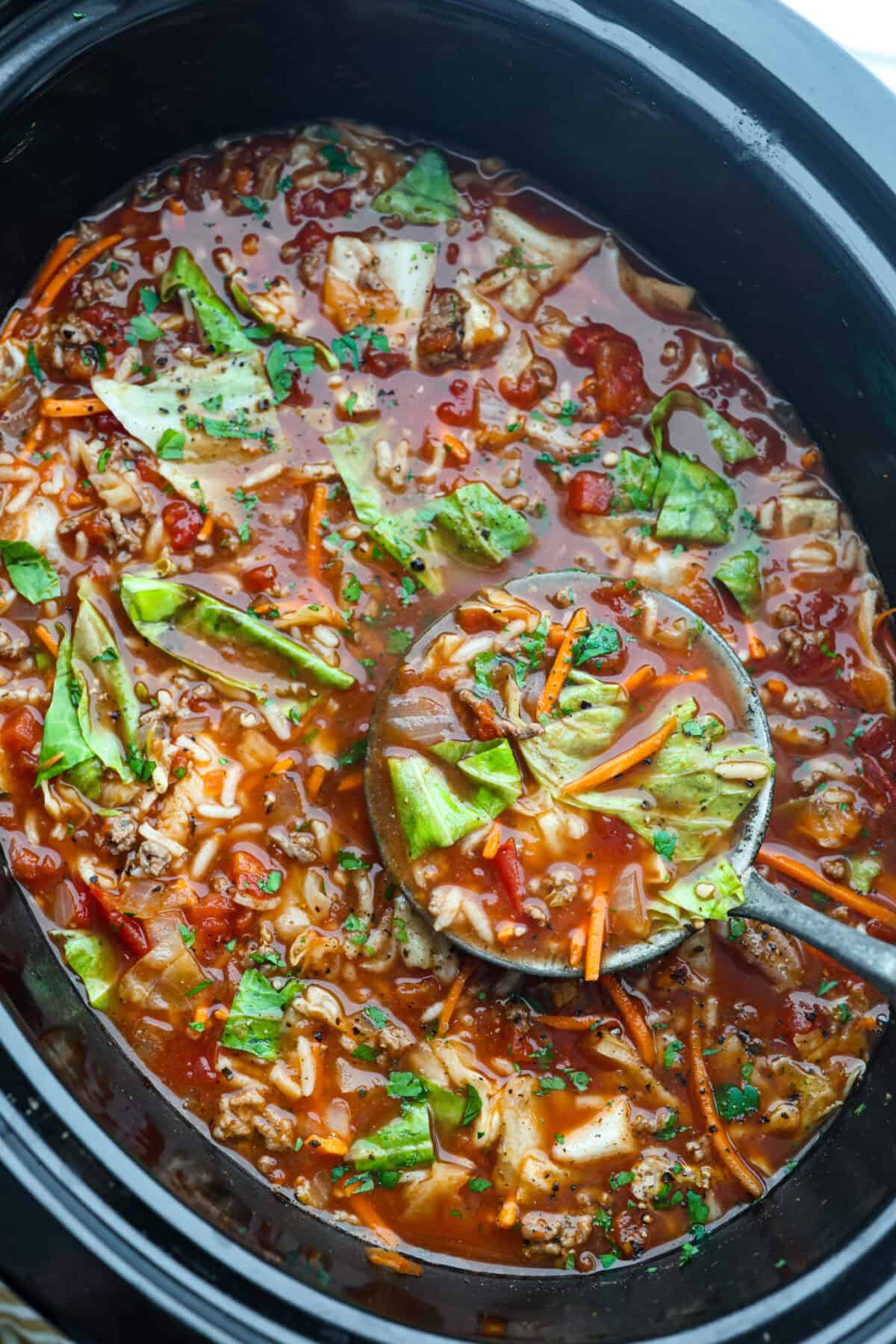 Crockpot cabbage roll soup all cooked, warm, and ready to serve. 